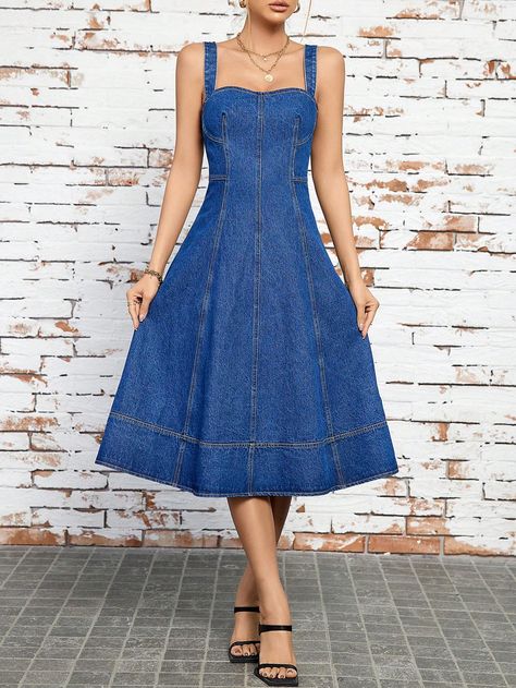 Dark Wash Elegant Collar Sleeveless Woven Fabric Plain A Line Embellished Non-Stretch Spring/Summer/Fall Women Clothing Denim Gown, Denim Sundress, Womens Denim Dress, Denim Crop Top, Denim Dresses, Denim Skirt Women, Midi Skirts, Skirt Women, Summer Fall