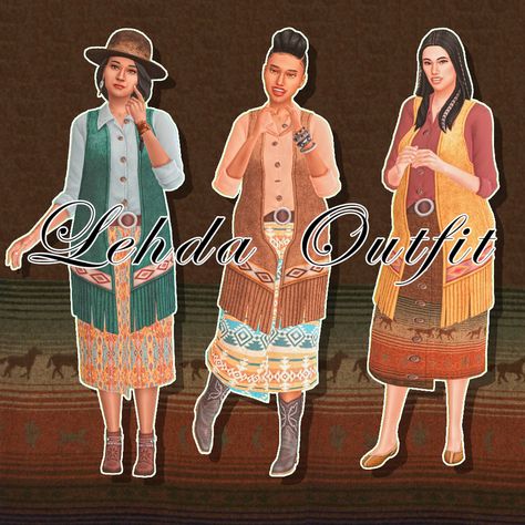 Lehda Outfit | Patreon Indigenous Sims 4 Cc, Native American Cc Sims 4, Sims 4 Native American, Sims 4 Native American Cc, Sims 4 Seasons, Zombie Christmas, Indigenous Americans, American Pattern, Horse Ranch