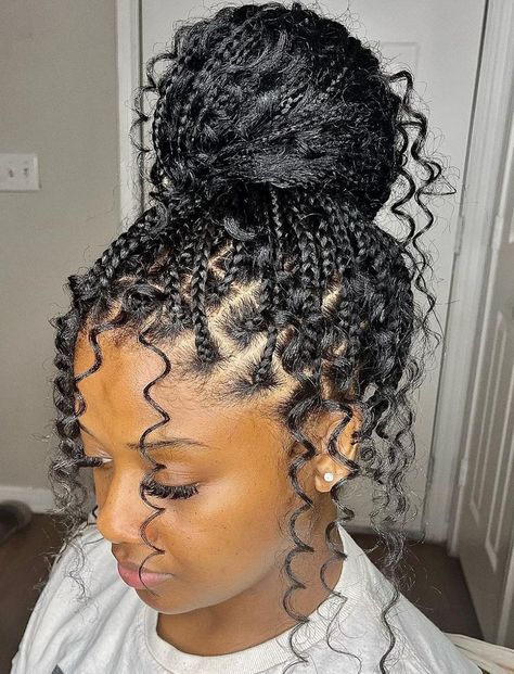 16 Trendy Knotless Braids With Curly Ends – HairstyleCamp Braids With Knots At The End, Goddess Braids In A Bun, Medium Knotless Braids With Curly Ends, Messy Bun With Braids, Short Knotless Braids With Curly Ends, Knotless Braids With Curly Ends, 2 Buns, Curled Hair With Braid, Braids With Curly Ends