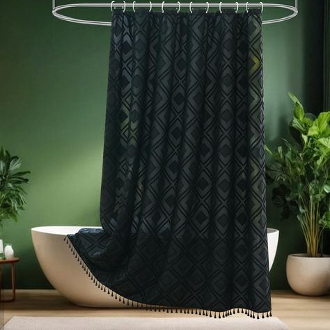 PRICES MAY VARY. ▲80inch Long Fringe Shower Curtain: 72 inches wide by 80 inches long/high, 12 rust-proof metal holes easy to set up and take down. Hooks are not included. Experience the excellent craftsmanship and creative artistry, as each shower curtain merges durability with visual allure ▲Quality Material: This pretty fabric shower curtain feels like cotton and touch soft. Wrinkle-free,Water-repellent and not too thick ,but it's family-friendly, no plastic smell, breathable and fade-resista Beaded Shower Curtain Ideas, Dark Jewel Tone Bathroom, Olive And Black Bathroom, Goth Shower Curtain, Olive Green Shower Curtain, Witchy Shower Curtain, Dark Green Shower Curtain, Black Bathroom Accents, Black Shower Curtain Bathroom Ideas