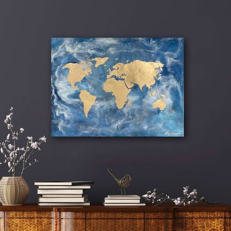 Kelly Gowan Art on Instagram: ""Mother Earth" 20.5 x 26.5 I just got this beauty uploaded to my website finally. This is a resin painting with layers involved. The top ayer is here I added an atmosphere clouds that cover parts of our earth. The world map part is done in gold leaf! #worldtraveler #worldmap #worldmapart #worldmappainting #earthart #mothereart #map #mapart #mapdecor #officeart #officeinterior #officeinteriordesign #resinart #artresin #kellygowan #recycle #polarbears #loveoureart World Map Painting, The World Map, World Map Art, Our Earth, Earth Art, Map Decor, Resin Painting, Ocean Painting, White Clouds