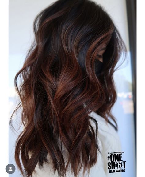 Brown Balayage With Copper Tones, Dark Brown To Cowboy Copper, Brown Hair Color With Red Highlights, Red Maroon Hair Burgundy, Navy Ball Hairstyles, Red Balayage On Black Hair Indian, Dark Hair With Reddish Highlights, Raspberry Brunette Hair, Cowboy Caviar Hair Color