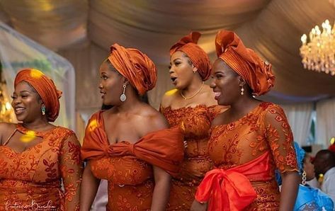 2019 WEDDING COLOR: ORANGE | THE ASO-EBI JUNKIE! Lace Aso Ebi Styles, Asoebi Styles Lace, Nigerian Bridesmaid Dresses, Wedding Asoebi, Lace Asoebi Styles, Tangerine Wedding, Burnt Orange Bridesmaid Dresses, Aso Ebi Lace, Aso Ebi Lace Styles