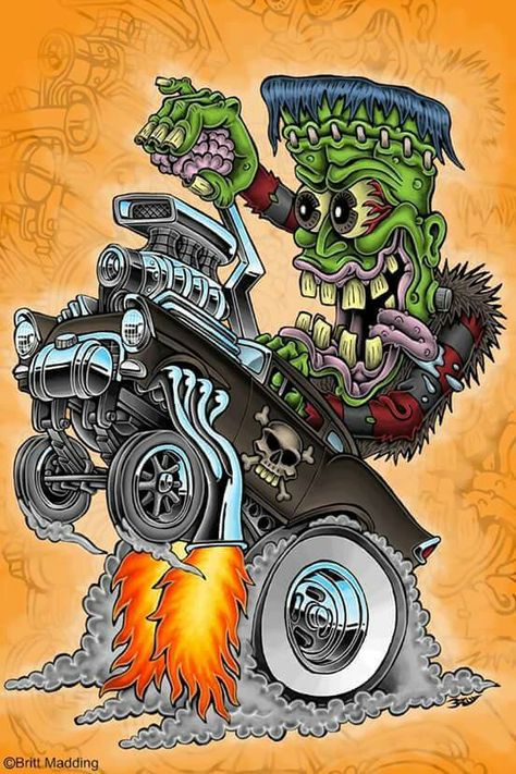 Frankenstein Ed Roth Art, Cartoon Car Drawing, Frankenstein Art, Funky Wallpaper, Monster Car, Fu Dog, Cool Car Drawings, Rat Rods Truck, Rat Fink