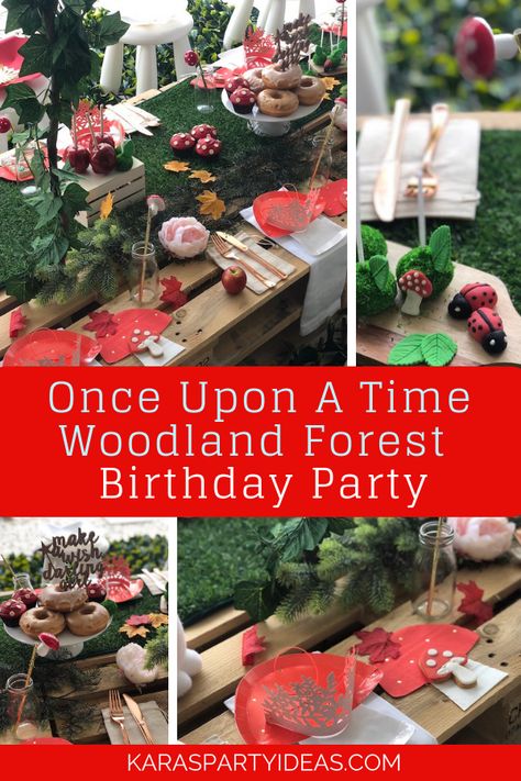 Woodland Tea Party Birthday, Woodland Forest Birthday Party, Fantasy First Birthday Party, Once Upon A Time Birthday Party, Diy Woodland Decor, Forest Party Theme, Forest Theme Birthday Party, Toadstool Table, Storybook Backdrop