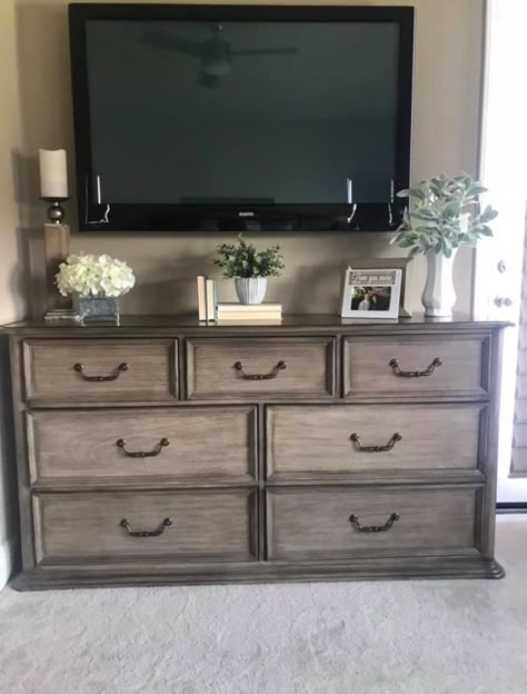 Decorating Dresser Under Tv, Shared Dresser With Husband, Decorating Bedroom Dresser Top, Tv Over Dresser In Bedroom Decor, Dresser Top Decor With Tv, Farmhouse Bedroom Dresser Decor With Tv, Modern Farmhouse Bedroom Dresser Decor, What To Put On A Dresser, Decorate Dresser Top Bedroom With Tv