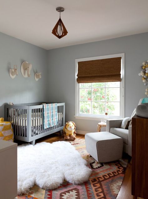 Flat Roman Shades look great in this safari themed nursery. Design by Natalie Myers. | The Shade Store Modern Baby Boy Nursery, Blue Kids Room, Boy Nursery Colors, Grey Nursery Boy, Brass Ceiling Light, Bungalow Homes, Nursery Modern, Grey Nursery, Tapis Design