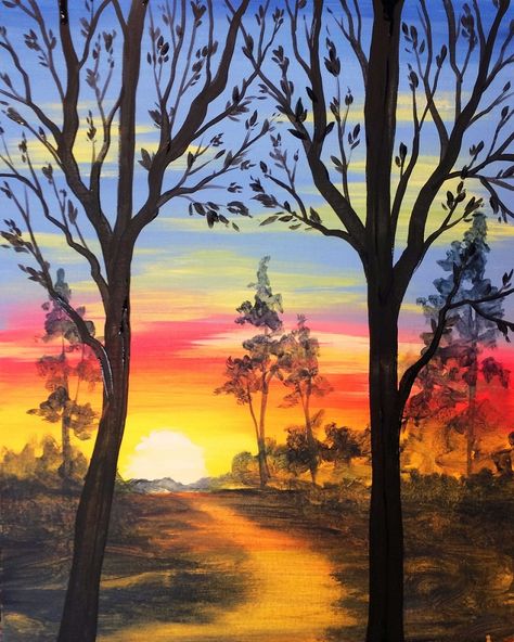 Acrylic painting of The Magic Hour. #sunset #fallpainting #bestill Easy Landscape Paintings, Abstract Wall Art Painting, Sunrise Painting, Simple Canvas Paintings, Easy Canvas Painting, Magic Hour, Simple Acrylic Paintings, Night Painting, Beginner Painting