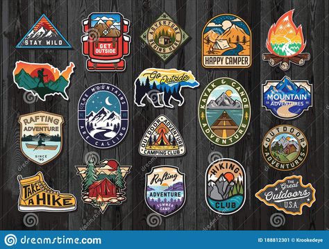 Set of Vintage Outdoor Summer Camp Logo Patches on Wood board. Hand drawn and ve #Sponsored , #Outdoor, #Summer, #Vintage, #Set, #Camp Summer Camp Logo, Logo Club, Camp Logo, Vintage Outdoor, Logo Vintage, Outdoor Summer, Adventure Camping, Patch Design, Logo Images