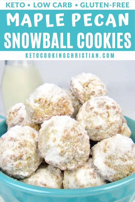 Keto Maple Pecan Snowball Cookies Maple Snowball Cookies recipe brings together ground pecans, creamy butter, and almond flour to create a Keto holiday cookie you will enjoy all year around! #ketochristmascookies #ketocookies #ketosnowballcookies Snowball Cookies Recipe, Pecan Cookie, Pecan Snowballs, Pecan Snowball Cookies, Low Carb Cookies Recipes, Snowball Cookie Recipe, Keto Christmas Cookies, Keto Kitchen, Keto Cookie Recipes