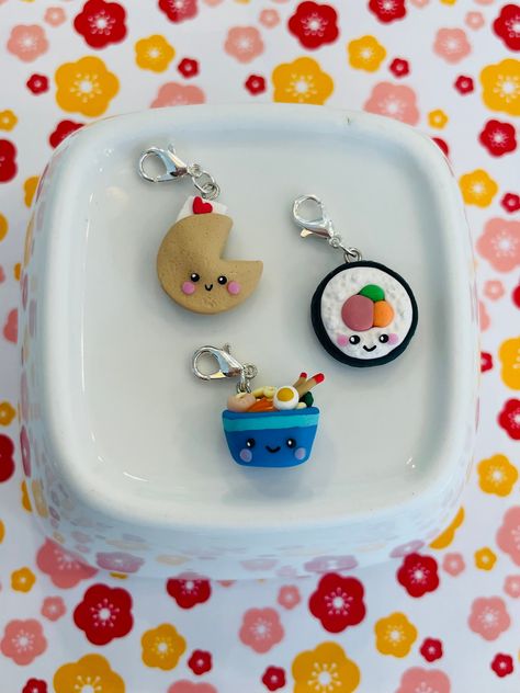 Craving your favourite take out? Why not have it everyday with these unique and adorable Asian Food charms? A friendly fortune cookie, a perfectly rolled slice of sushi and a super cute ramen bowl complete with shrimp and egg, would make the perfect addition to your collection! Each charm is lovingly handmade from polymer clay and are approximately 1.5 cm wide and 1.5 cm high. Cute Ramen Bowl, Clay Sushi, Shrimp And Eggs, Pancake Stack, Food Charms, Crave You, Sushi Roll, Ramen Bowl, Fortune Cookie