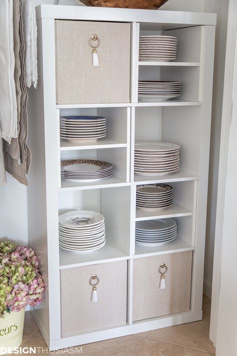 Plate Storage | Do you have dishes that don’t fit in your cabinets? This closet design makeover offers a creative approach to DIY closet shelving for extra plate storage. ----- #designthusiasm #closetshelving #platestorage #closetdesign #closetmakeover #closetstorage Walmart Cube Storage, Kallax Kitchen Storage, Kitchen Plate Storage, Shelving Storage Ideas, Diy Closet Shelving, Plates Storage, Plate Cabinet, Creative Storage Ideas, Diy Kitchen Makeover Ideas