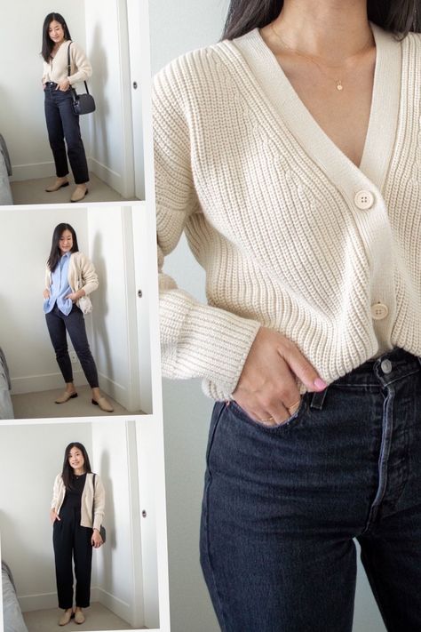 Over Sized Cardigan Outfit Winter, Cardigan Styles Woman, Outfits White Cardigan, Shaker Cardigan Outfit, Winter Cardigan Outfit Casual, Bulky Cardigan Outfits, Short Knit Cardigan Outfit, Outfits With A White Cardigan, Cream Short Cardigan Outfit