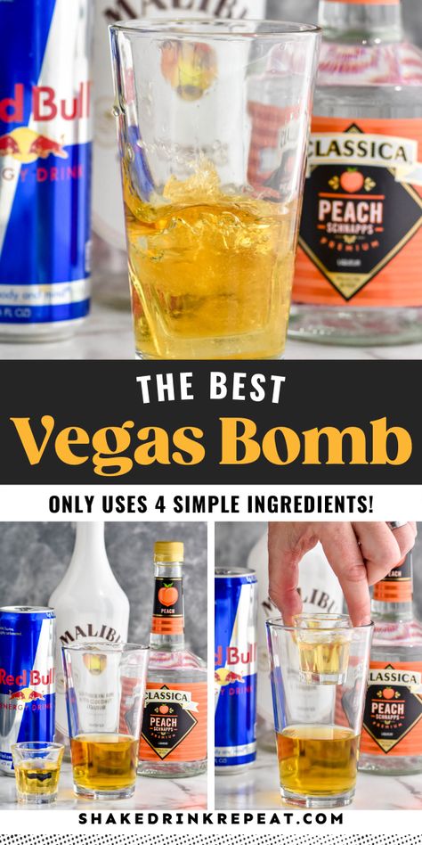 Alcohol Drinks With Red Bull, Vegas Bomb Recipe, Buzz Ball Drink Recipes, Red Bull Drinks Cocktails, Vegas Bomb Shot, Cocktails With Red Bull, Red Bull Mixed Drinks, Red Bull Alcoholic Drinks, Vegas Drinks