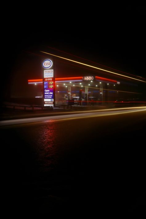 Petrol station, night photography, Petrol Station Photography Petrol Station Photography, Petrol Pump Aesthetic, Petrol Station Aesthetic, Gas Station At Night, Last Night On Earth, A Level Photography, Graphic Shirt Design, Station Service, Become A Photographer