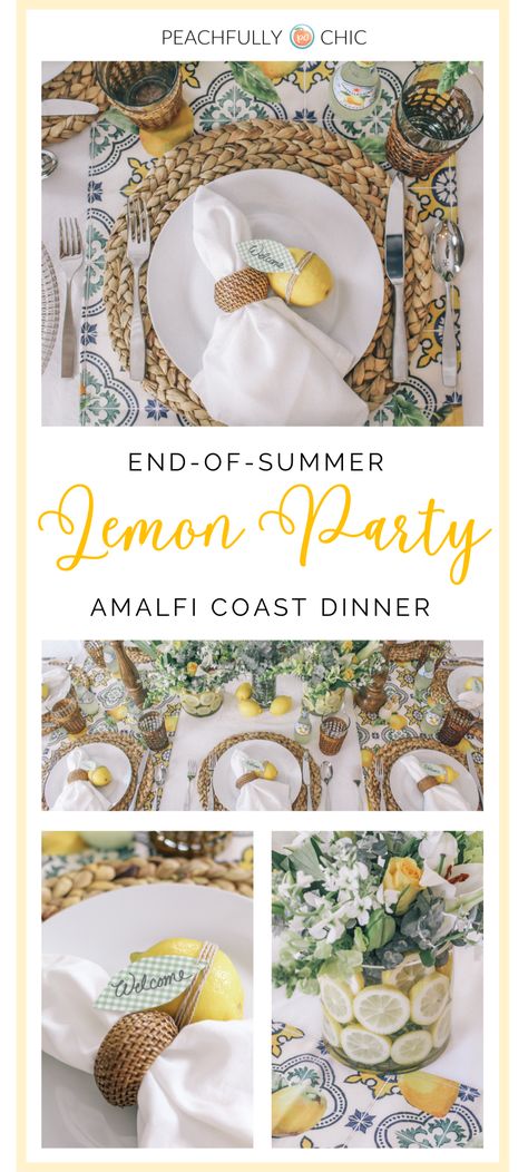 Lemon Party Decor & Table Setting Sicilian Lemon Theme Party, Italy Dinner Party Table Settings, Amalfi Coast Theme Table Setting, Tuscany Lemon Decor, Tuscan Birthday Party, Lemon Party Table Decor, Lemon Decor Table Setting, Capri Table Setting, Rustic Lemon Theme Party