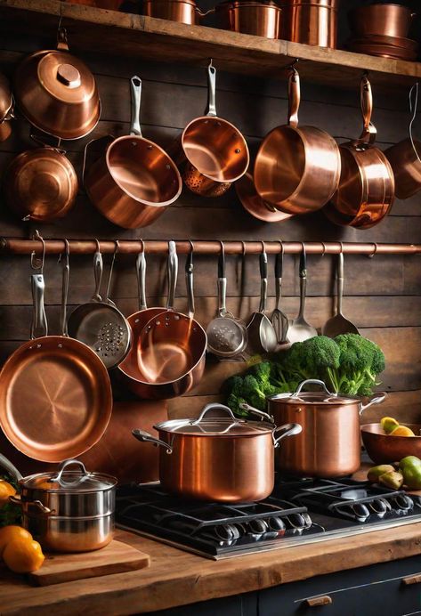 43 Inspiring Kitchen Decor Ideas: Stylish and Functional Accents 7 Kitchen Brass Accents, Cute Kitchen Accessories, Copper Kitchen Hardware, Beautiful Cookware, Copper Kitchenware, Kitchen Pot Rack, Copper Pots And Pans, Copper Kitchen Decor, Kitchen Confidential