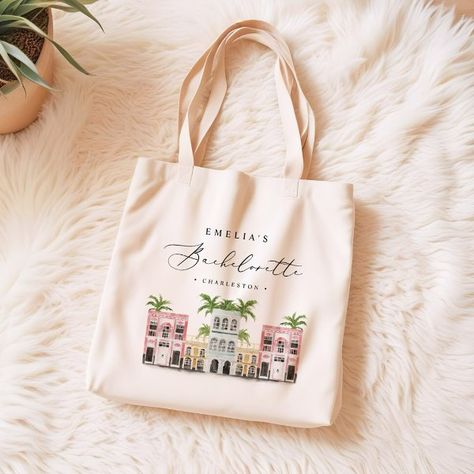 FIONA Charleston Bachelorette Canvas Tote Bag Bachelorette Tote Bags, Bachelorette Bag, Charleston Bachelorette, Bachelorette Tote, Bridesmaid Tote Bags, Elegant Script Fonts, Beach Canvas, Chic Bags, Bachelorette Weekend