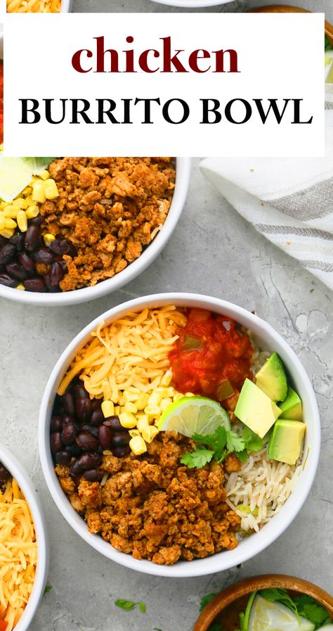 Ground chicken burrito bowl recipe is one of the best chicken burrito bowl recipe Ground Chicken Chipotle Bowl, Ground Chicken Burrito Bowl Healthy, Ground Chicken Power Bowl, Ground Chicken Dinner Healthy, Ground Chicken Fajita Bowl, Ground Chicken Protein Bowl, Chicken Ground Meat Recipes Healthy, Ground Chicken Fajitas, Easy Ground Chicken Recipes Healthy