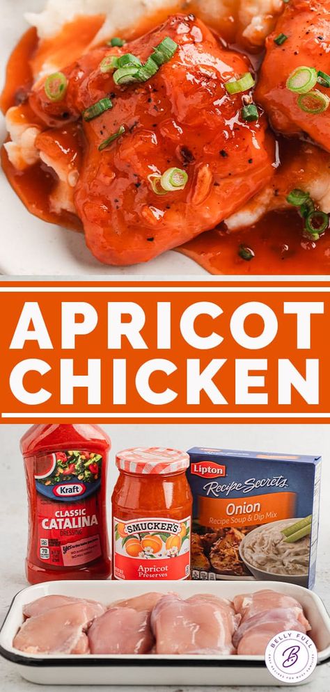 Apricot Chicken Recipe - Belly Full Apricot Chicken Instant Pot, Chicken Russian Dressing Apricot, Catalina Chicken Recipe, Chicken With Apricot Preserves, Bellyfull Recipes, Chicken And Apple Recipes, Russian Chicken Recipe, Amish Custard, Apricot Chicken Breast