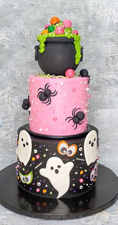 halloween cake, halloween themed cake, halloween cake ideas, Halloween Cake Design, Halloween Birthday Cake, scary halloween cake, halloween cake images Pink And Black Halloween Cake, Halloween Birthday Cakes Girl, Pink Halloween Cake Ideas, Tiered Halloween Cake, Pastel Halloween Birthday Cake, Girls Halloween Birthday Cake, Halloween Wedding Cake Ideas, Cute Halloween Cake Ideas, Halloween Cake Ideas Birthday