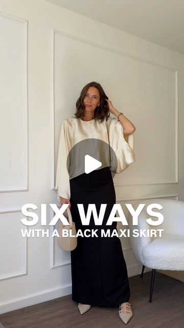 Isabelle Handley-Allen on Instagram: "Are you struggling to know what to wear right now?

With this mix of weather we’ve been having, you need a summer look, a transitional look and a full-on autumn look ready to wear 😅 So here’s some inspo styling a black maxi skirt. 

I’m wearing the small and it sits a little lower on me but that means it’s actually a maxi skirt on me! I was looking for a long enough skirt all summer and finally found this. Definitely give it a go if you’re tall 🖤

#autumnoutfits #howtostyle #effortlesslychic #northleeds" Ways To Wear A Maxi Skirt, Long Black Skirt Formal Outfit, How To Style Black Maxi Skirt, Black Tiered Maxi Skirt Outfit, How To Style Long Black Skirt, How To Style Maxi Skirts, Black Linen Skirt Outfit, Knitted Skirt Outfit, Tiered Maxi Skirt Outfit