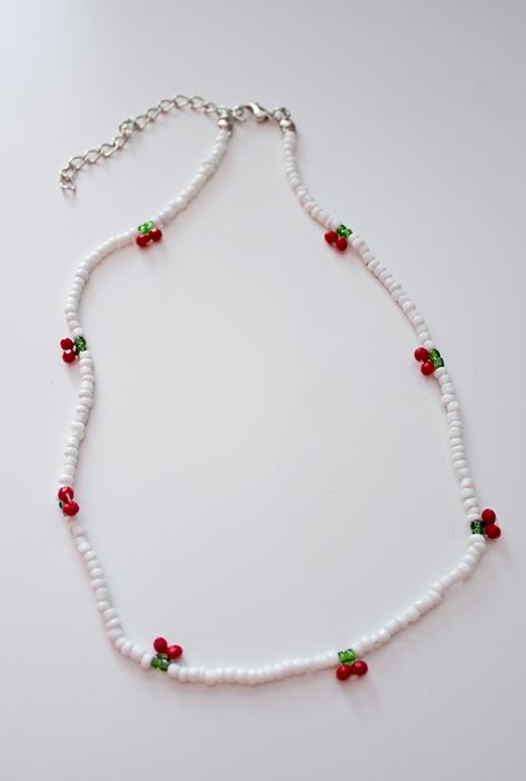 cherry beaded necklace Pearl Cherry Necklace, Seed Bead Cherry Necklace, Red Pearl Jewelry, Bead Cherry Necklace, Necklaces Beaded Ideas, Seed Bead Necklace Patterns Beach, Necklaces Designs Ideas, Cherry Beads Necklace, Beaded Cherry Necklace