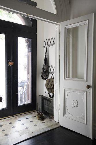 Double Door Entryway, Elizabeth Roberts, Hallway Flooring, Double Entry Doors, Door Entryway, Entry Hallway, Hus Inspiration, Tile Flooring, Entry Foyer