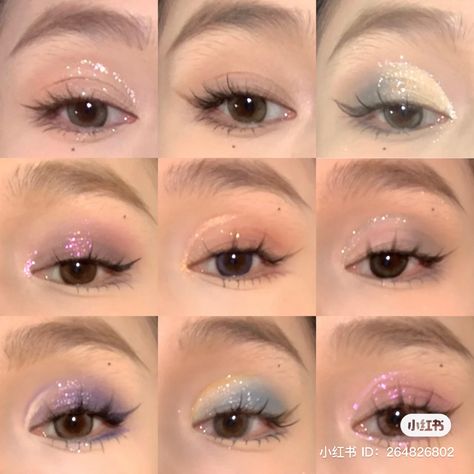 Monolid Glitter Eye Makeup, Douyin Glitter Eye Makeup, Korean Eye Glitter Makeup, Korean Makeup Look Glitter, Soft Glitter Eye Makeup Korean, Aesthetic Glitter Makeup, Xiaohongshu Eye Makeup, Douyin Colorful Makeup, Xiaohongshu Makeup Products