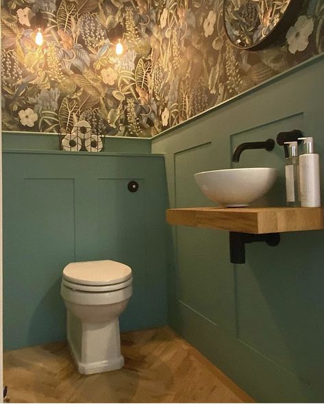 Tiny Toilet Room Ideas Wallpaper, Victorian Cloakroom Toilet, Windowless Toilet Ideas, Narrow Downstairs Toilet Ideas, Panelled Toilet Room, Funky Downstairs Toilet, Fun Downstairs Toilet Ideas, Small Cloakroom Toilet Downstairs Loo, Downstairs Toilet Ideas Wallpaper