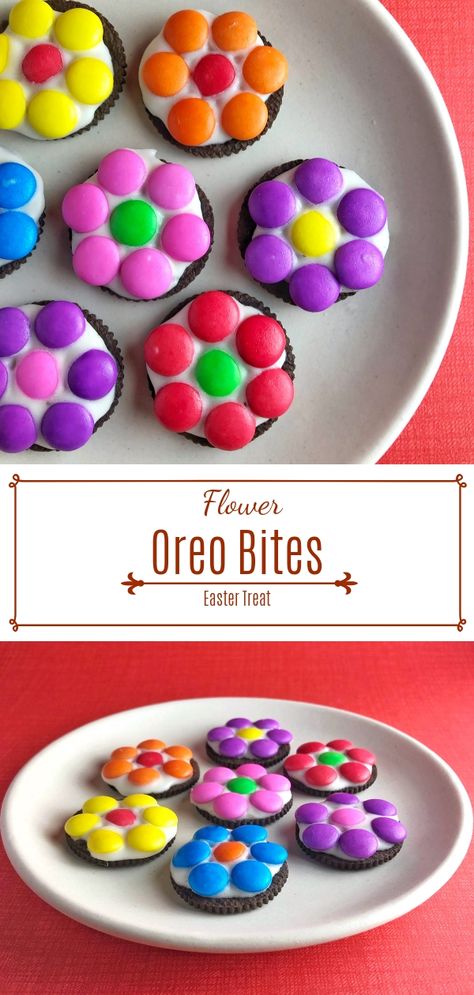 Flower Oreo Bites for Easter - Bite-sized snacks made with just 2-ingredients. Cute and colourful treat for kids. Make And Bake Ideas For Preschool, April Snacks For Kids, Spring Baking For Kids, Easter Food Activities For Kids, Spring Toddler Snacks, Garden Snacks For Preschool, Spring Themed Snacks For Kids, Spring Desserts For Kids, Flower Themed Treats