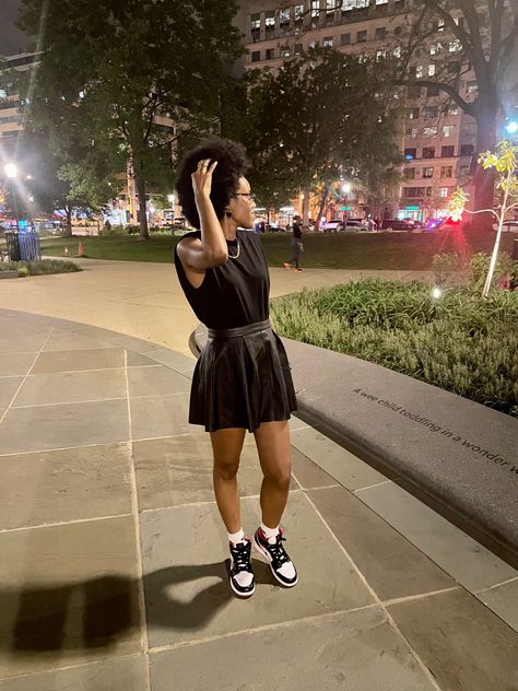 Black leather skirt outfit, black leather skirt and sneakers outfit Leather Skirt And Sneakers Outfit, Leather Skirt And Sneakers, Skirt And Sneakers Outfit, Black Leather Skirt Outfit, Leather Skater Skirt, Leather Skater Skirts, Paper Bag Skirt, Leather Skirt Outfit, Black Leather Skirt