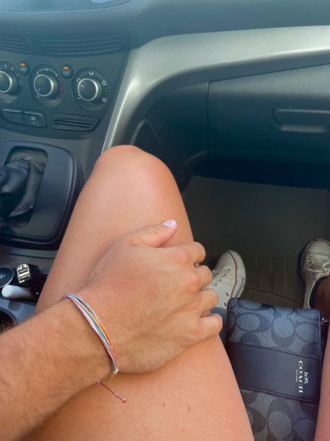 Girlfriend, Boyfriend, Beach Trip, Coach, Pura Vida, White Shoes, Road Trip, Hand, Relationship Aesthetic, Car, Leg, Tan, Summer Kissing Beach Aesthetic, Hands On Legs Couple Aesthetic, Boyfriend Hand On Leg Aesthetic, Boyfriends Hand On Leg, Couples In Cars Road Trips, Boyfriend Hand Placement, Road Trips With Boyfriend, Road Trip Romance Aesthetic, Boyfriend And Girlfriend In Car