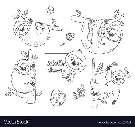 Cute Sloths, Sloth Tattoo, Line Art Vector, Cute Sloth, Art Cute, Color Vector, Icon Set Vector, Alphabet Illustration, Digital Stamps