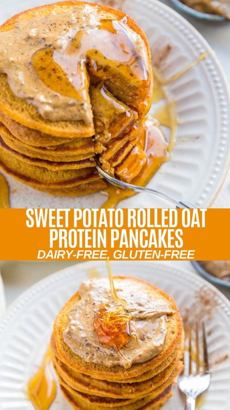 Oat Protein Pancakes, Sweet Potato Pancakes Recipe, Pancakes Protein, Sweet Potato Rolls, Gluten Free Sweet Potato, Healthy Pancake Recipes, Sweet Potato Pancakes, Sweet Potato Protein, Stuffed Sweet Potato Healthy