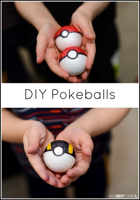 How to make DIY Pokeballs for kids - a great homemade toy and gift idea for Pokemon fans from And Next Comes L Pokemon Balls, Market Day Ideas, Pokemon Costumes, Pokemon Diy, Pokemon Ball, Pokemon Craft, Pokemon Birthday Party, Pokemon Party, Homemade Toys