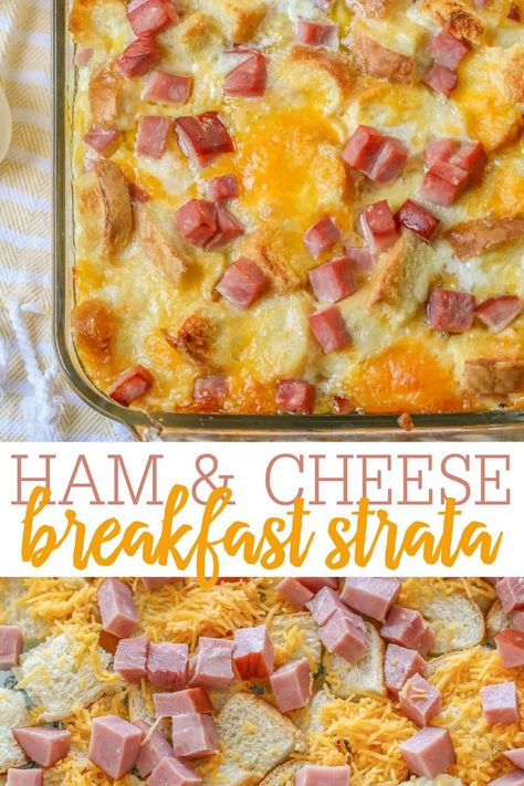 This breakfast strata is great for brunches, holidays, or a yummy family breakfast!! With buttery layers of bread, ham, cheese, and egg, this Strata recipe is guaranteed to please any crowd! #breakfaststrata #strata #breakfast #layeredbreakfast #easybreakfast Egg Breakfast Casserole With Bread, Egg Bake Recipes With Bread, Breakfast Egg Bake With Bread, Ham And Cheese Egg Bake Bread, Ham And Cheese Strata Egg Casserole, Bacon And Cheese Breakfast Strata, Sourdough Breakfast Bake, Strada Recipe Breakfast Egg Strata Christmas Morning, Bacon Egg And Cheese Strata