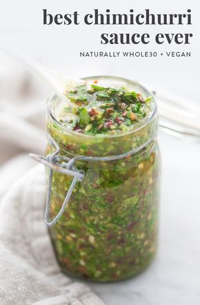 This is the absolute best chimichurri sauce recipe. Garlicky and spicy, it's perfect on steak, chicken, shrimp, salmon, and is an awesome vegetarian and vegan condiment too. This is the Texas de Brazil chimichurri recipe. Perfect for any Whole30. #recipe #sauce #unprocessed #realfood #whole30 #vegan #condiment #chimichurri #argentino #receta #chicken #steak #shrimp #salmon #vegetarian #vegan #spicy #garlic #grill Garlic Chimichurri Sauce, Chimichurri Sauce Cilantro, Whole30 Recipe, Chimichurri Sauce Recipe, Whole30 Vegan, Steak Shrimp, 40 Aprons, Recipe Sauce, Kale Pasta