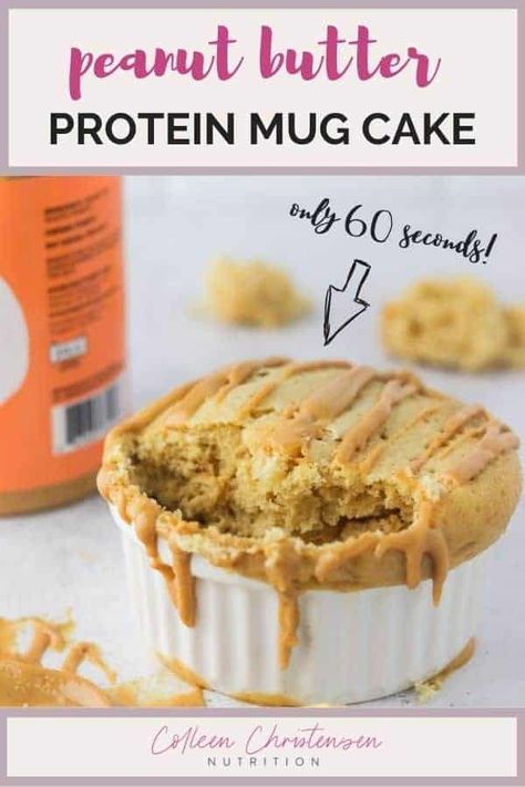 A delicious peanut butter cake packed with protein in just 60 seconds! This protein mug cake recipe is great for a snack between meals or post-workout! A protein mug cake is easy to make in the microwave, easy enough to make a protein cake in a mug any time of day whenever the craving strikes! This is a protein powder mug cake that uses either plant or whey protein powder. Protein powder recipes can be a fun way to get extra protein! #mugcake #proteinpowderrecipe #proteincake Peanut Butter Powder Mug Cake, Whey Protein Mug Cake Recipe, Protein Mug Cake With Banana, Protein Microwave Cake, Healthy Protein Mug Cake Microwave, Protein Powder Desserts Easy, High Protein Mug Cake Microwave, Protein Powder Desserts For One, Peanut Butter Protein Dessert