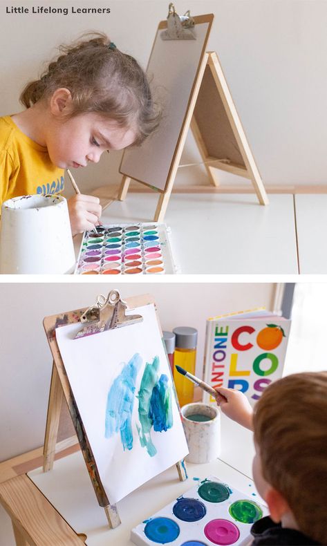 Learn how we made our DIY art easels for less than $8 each. Perfect for use as a tabletop easel for vertical surface paiting with toddlers and preschool children. Process art abd art and craft activities have never been easier! Diy Art Easel For Kids, Diy Painting Easels, Easel Painting Ideas Preschool, Diy Paint Easel, Diy Art Easels, Diy Easel Tabletop, Easels Diy, Diy Art Table, Toddler Art Table