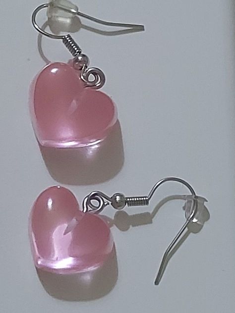 Pink Aesthetic Earrings, Heart Shaped Accessories, Resin Dangle Earrings, Cute Pink Earrings, Lovecore Accessories, Heart Shaped Things Aesthetic, Heart Shaped Clothes, Heart Clothes Aesthetic, Pink Earrings Aesthetic