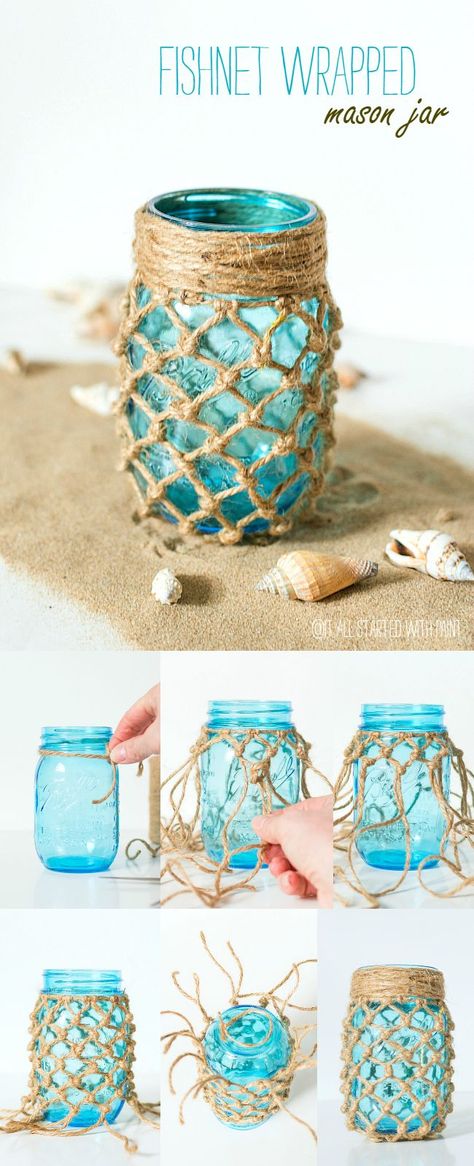 Mason Jar Crafts: Fishnet Wrapped Mason Tutorial using  Vintage Blue Mason Jar Toples Kaca, Kerajinan Diy, Mason Jar Projects, Blue Mason Jars, Diy Jar Crafts, Diy Bricolage, Mason Jar Crafts Diy, Jar Diy, Lilo Stitch