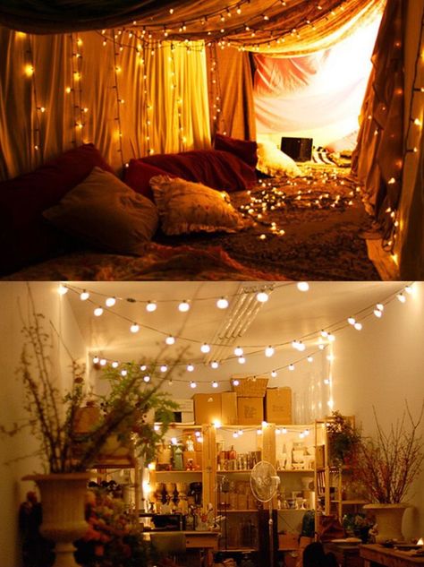 Fairy Lights Decoration... Fairy Light Ceiling Ideas, Apartment Lights, Fairy Lights Ceiling, Hanging Bedroom Lights, Fairy Lights Room, Fairy Lights Decor, Lights Decor, Fairy Lights Bedroom, Stylish Interior Design