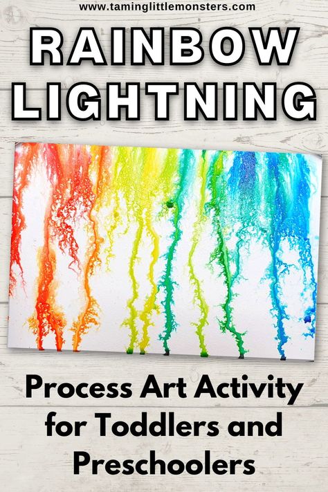 Rainbow Lightning is a fun and easy process art activity for kids. Great for weather or rainbow themed curriculums. #processart #artsandcrafts #preschool #kindergarten #weather #rainbows Preschool Weather Art Activities, Rain Activity For Preschool, The Sky And Weather Theme Preschool Art Projects, Painting Crafts Preschool, Art Craft Activities For Preschool, Paint Samples Crafts Preschool, Easy Weather Crafts For Preschool, A Rainbow Of My Own Activities, Preschool Color Art Activities