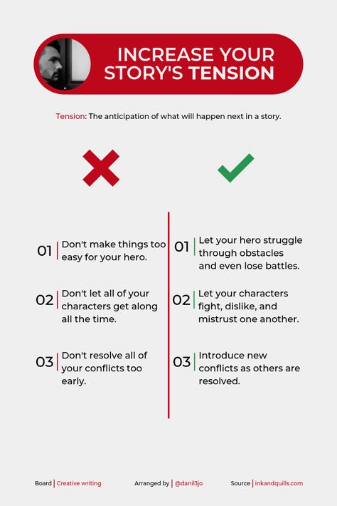 "Don't & Do" when it comes to increasing your story's tension. Writing Tension, Funny Scenarios, Writers Aesthetic, Book Plots, Novel Writing Outline, Writing Nook, Writing Expressions, Writing Thoughts, Tumblr Writing