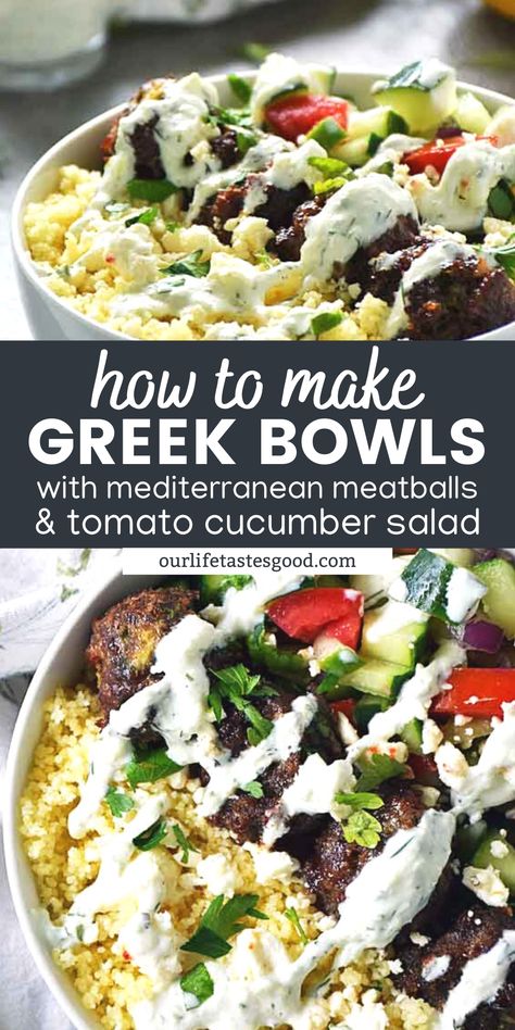 Greek Meatball Bowls Healthy, Greek Lunch Bowl, Recipes Using Tzatziki Sauce, Recipes With Tzatziki Sauce, Mediterranean Ground Beef Recipes, Greek Meatball Bowl, Greek Bowl Recipe, Greek Meatballs With Tzatziki Sauce, Tzatziki Bowl