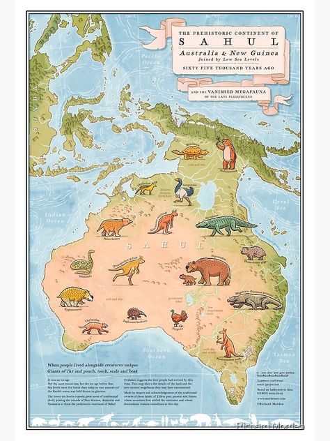 "The prehistoric continent Sahul and the vanished ice age megafauna" Art Print by morden | Redbubble Megafauna Art, Perang Dunia Ii, Prehistoric Age, Ikan Air Tawar, Map Of Australia, History Of Earth, Australia Art, Fantasy World Map, Geography Map