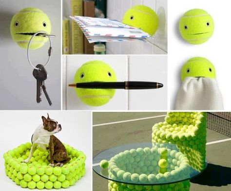 30 Creative Design Ideas to Reuse and Recycle Tennis Balls Tennis Ball Ornament Diy, Tennis Ball Art, Tennis Ball Crafts, Sport Office, Tennis Crafts, Creative Design Ideas, Recycled Crafts Kids, Doggy Daycare, Tennis Party