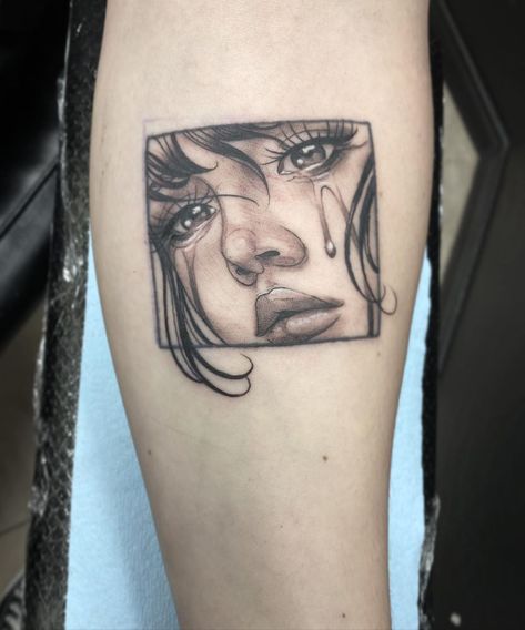 Lindsay Dorman on Instagram: “Put a girl face inside an existing square outline and snake for Alex today! Super fun! Thanks so much!” Tattoo Of A Woman Face, Mini Portrait Tattoo, Simple Portrait Tattoo, Small Realism Tattoo Ideas, Woman’s Face Tattoo, Hair Line Tattoo, Tattoo Of A Face, Lady Face Tattoo Design, Pop Art Tattoo Design