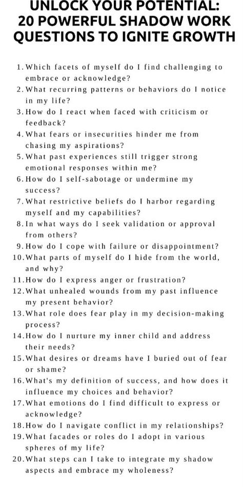 Unlock Your Potential: Explore the depths of shadow work with these powerful questions. Discover hidden aspects of yourself and ignite growth. Start your journey today! #ShadowWork #SelfDiscovery #PersonalGrowth Shadow Work For Success, Anger Shadow Work, Self Concept Questions, Shadow Self Questions, Shadowwork Questions, Subconscious Questions, Shadowwork Prompts, Shadow Integration, Shadow Questions